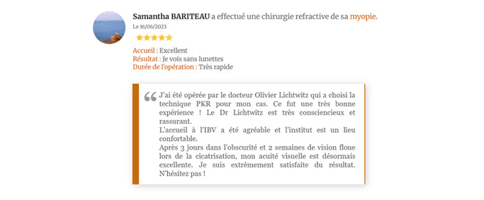 Avis d'un patient satisfait de la chirurgie refractive de sa hypermetropie à l'Institut Bordelais de la Vision